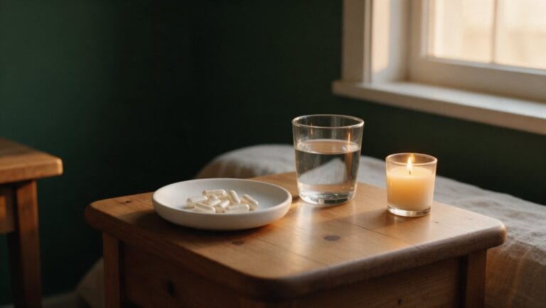 Magnesium capsules in a white dish on a nightstand with water and a candle, evening light