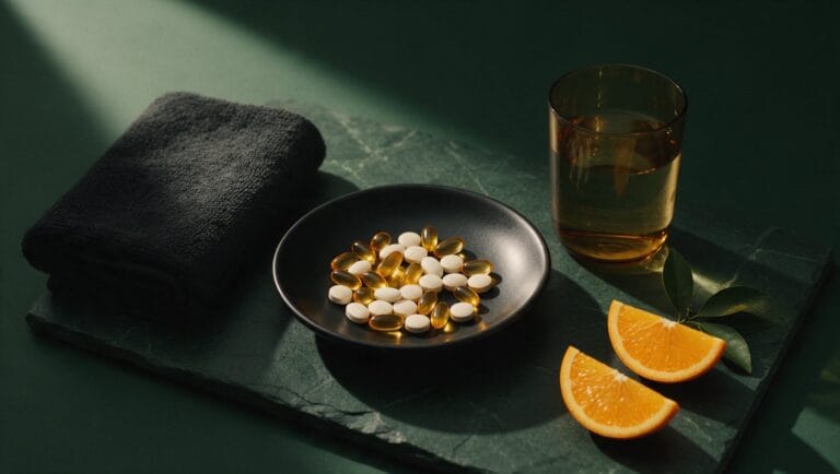 Multivitamin capsules in a black ceramic dish with a towel, water and sliced orange on dark slate