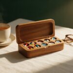 An open wooden pill organizer with assorted capsules, a cup of tea and reading glasses on linen
