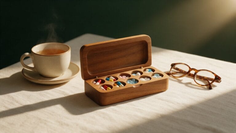 An open wooden pill organizer with assorted capsules, a cup of tea and reading glasses on linen