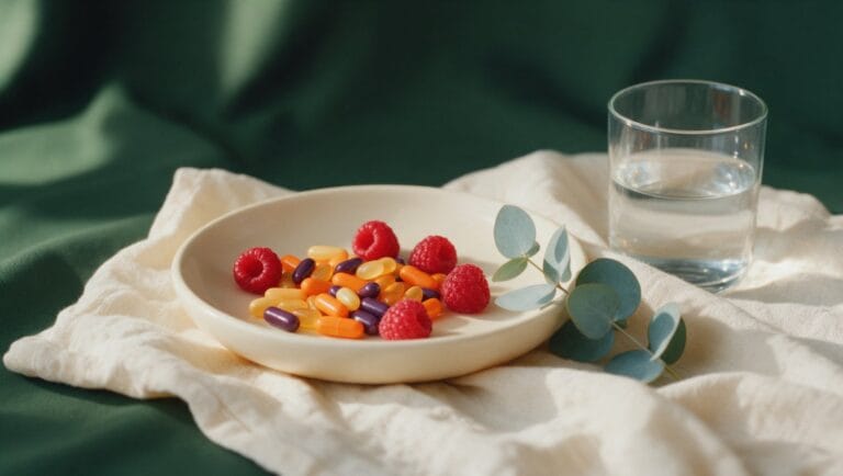 Multivitamin capsules in a pale dish with raspberries, eucalyptus and a glass of water on cream linen