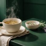 A cup of chamomile tea, a dish of capsules, lavender and folded linen on a dark green table