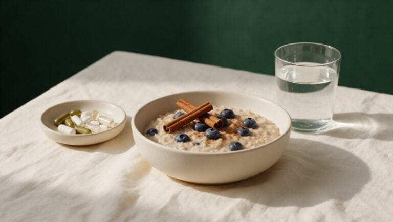 Oatmeal with blueberries and cinnamon, a small dish of capsules and a glass of water in morning light
