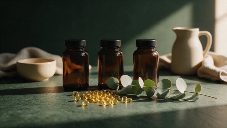 Three unlabeled amber supplement bottles with softgels on a green stone surface