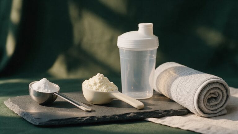 Scoops of creatine and protein powder on a slate board with a shaker bottle and gym towel