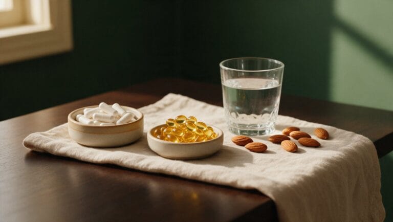 Two small dishes with magnesium capsules and vitamin D softgels, a glass of water and almonds