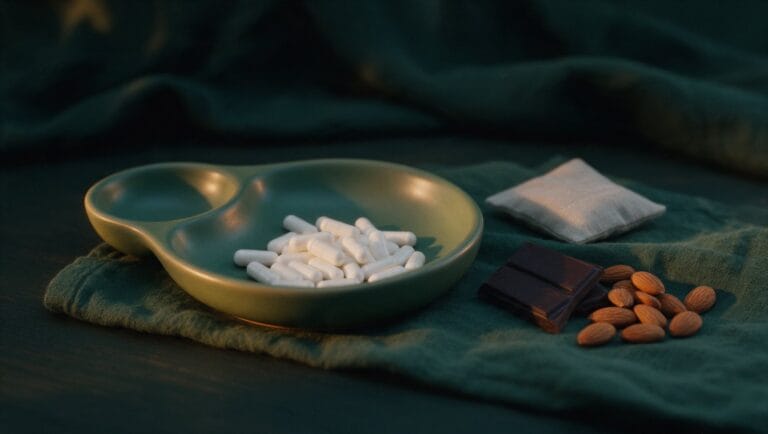 Magnesium capsules in a green ceramic dish with dark chocolate and almonds on forest-green linen