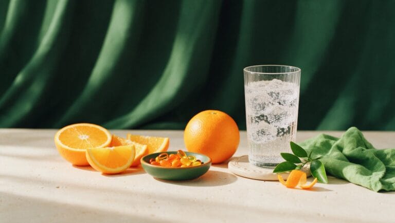 Citrus slices, a dish of orange capsules and a glass of sparkling water on a cream stone surface