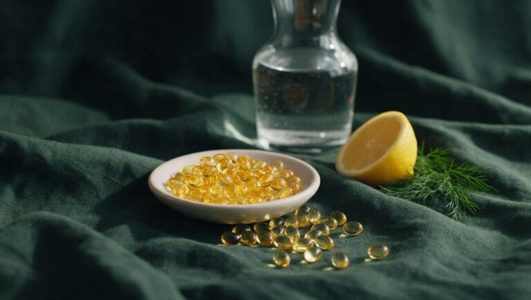 Golden omega-3 softgels in a ceramic dish beside a lemon half and dill on green linen