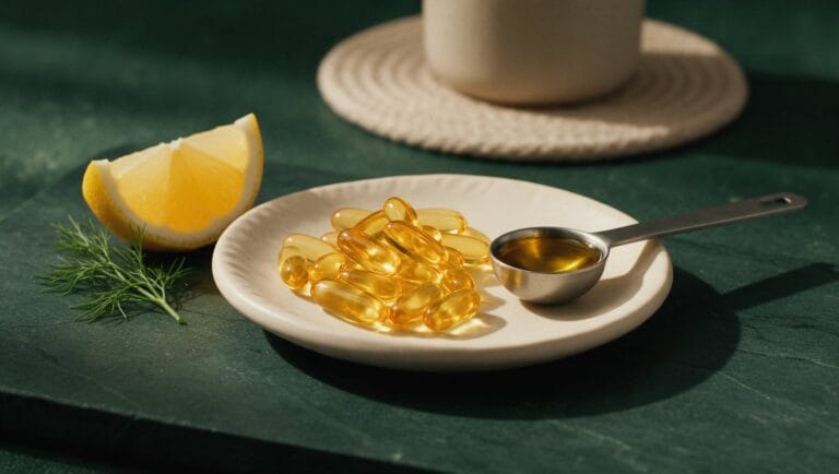 A measuring spoon of fish oil beside omega-3 softgels, a lemon wedge and dill on green stone