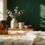 Vitamin D Guide 2026: D3 vs D2, Optimal Dose & K2 A plain amber jar and golden vitamin D softgels on cream linen in a shaft of sunlight