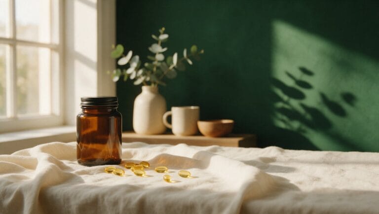 A plain amber jar and golden vitamin D softgels on cream linen in a shaft of sunlight