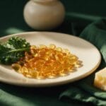 Vitamin D3 + K2 Complete Guide 2026: Dosage, Benefits & Why K2 Matters Amber vitamin D3 and K2 softgels on a cream plate in morning sunlight with kale and hard cheese