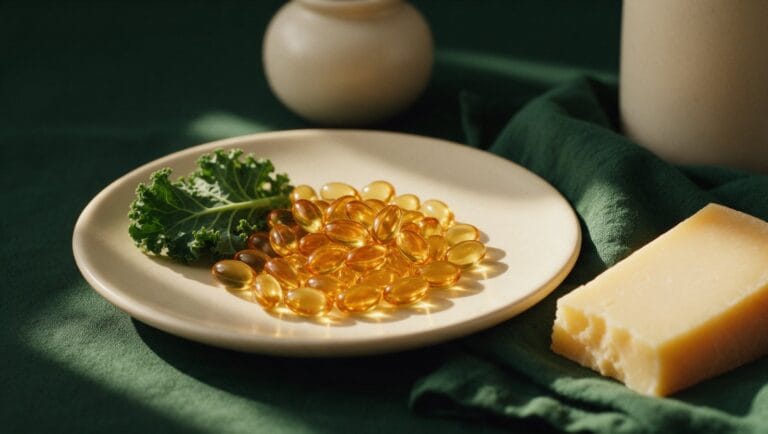 Amber vitamin D3 and K2 softgels on a cream plate in morning sunlight with kale and hard cheese