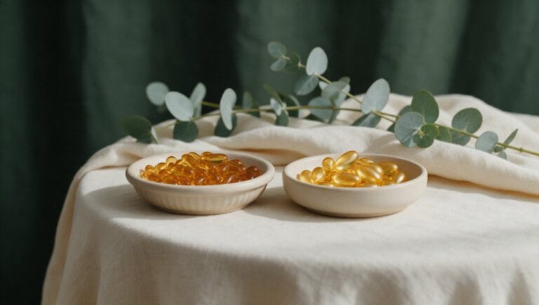 Two dishes of softgels side by side in sunlight on a cream linen table with eucalyptus