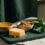 Vitamin K2 Supplement Benefits (2026): MK-4 vs MK-7 Explained Golden K2 softgels with aged cheese, natto and kale on a dark green stone board