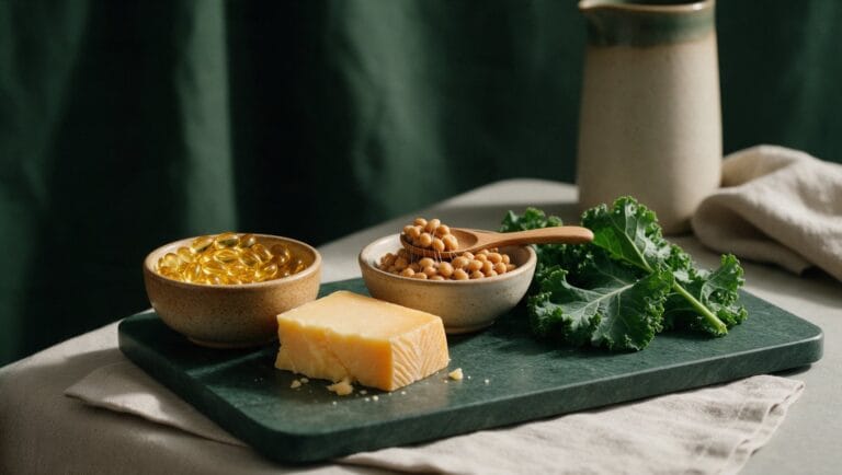 Golden K2 softgels with aged cheese, natto and kale on a dark green stone board