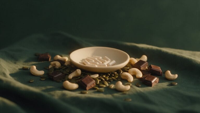 Pumpkin seeds, cashews and dark chocolate around a dish of zinc and magnesium capsules