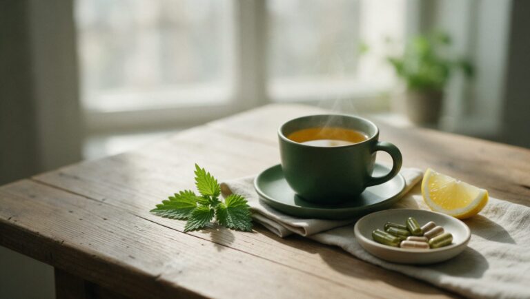 Cup of nettle tea, a dish of capsules, fresh nettle leaves and a lemon wedge