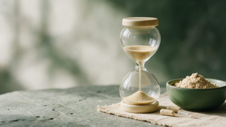 Hourglass beside a bowl of ashwagandha root powder and a few capsules