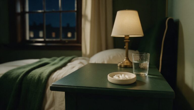 A small dish of white capsules on a nightstand beside a glass of water and a dimmed brass lamp at night