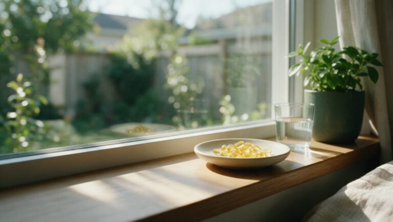 Golden softgels on a windowsill in bright morning sun beside a small glass of water and a potted plant