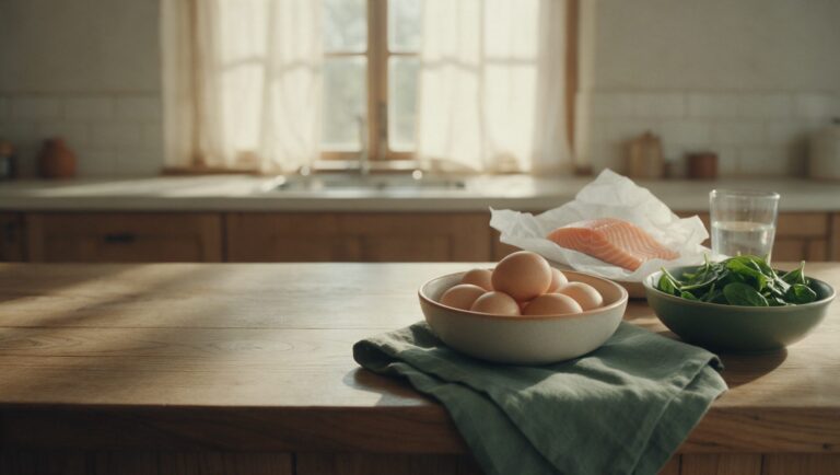 Eggs, spinach, a salmon fillet and a glass of water on a sunny kitchen counter