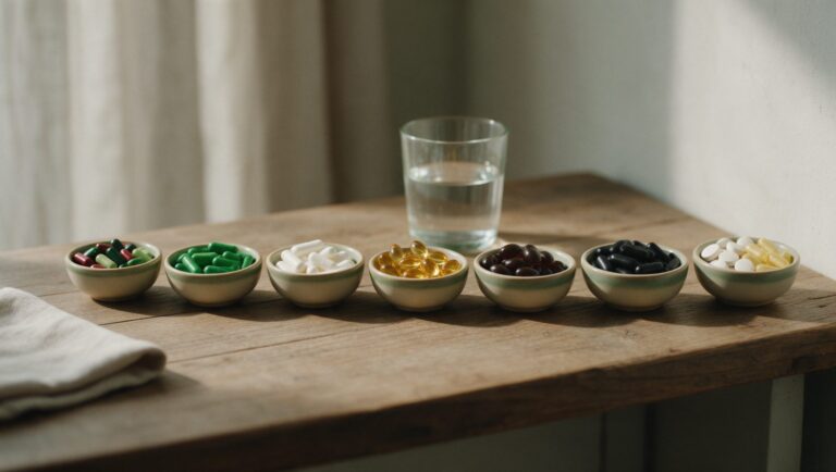 Row of small dishes holding different capsules and softgels beside a glass of water
