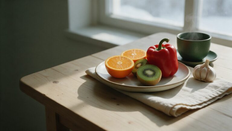 Halved oranges, kiwifruit, a red bell pepper and a garlic bulb beside a cup of hot tea on a wooden table