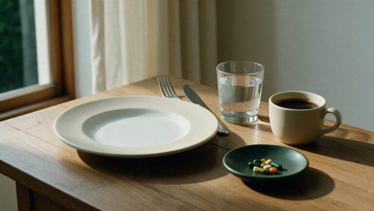 An empty white plate with a fork and knife beside a glass of water, a cup of black coffee and a small dish of capsules on a wooden table