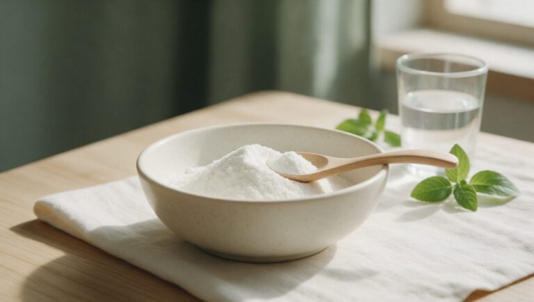 Bowl of fine white amino acid powder with a wooden spoon and a glass of water
