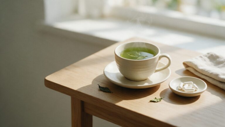 A cup of green tea beside a small dish of white capsules and loose tea leaves on a wooden table