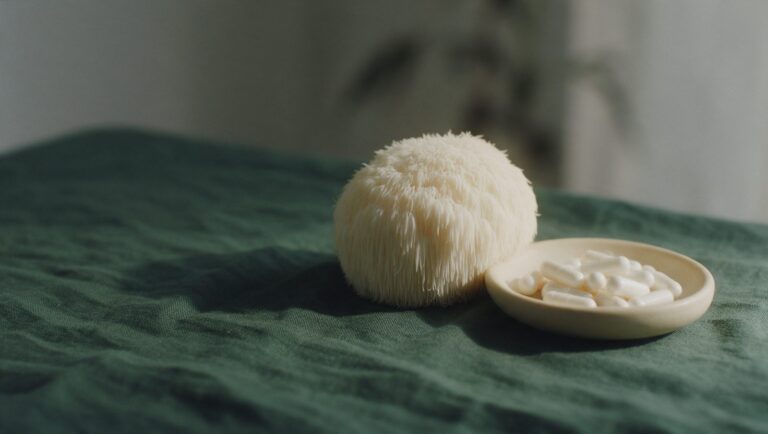 Fresh lion's mane mushroom beside a dish of white capsules on green linen