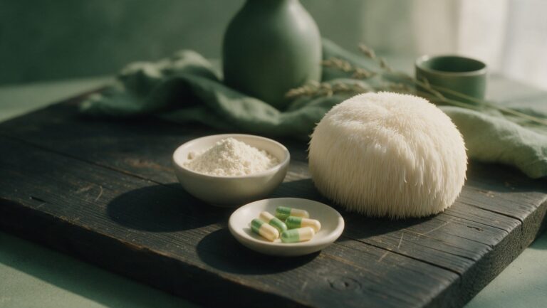 A fresh white lion's mane mushroom on a dark wooden board beside a bowl of cream-colored powder and a dish of capsules