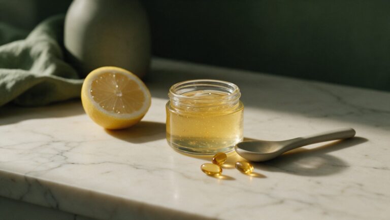 Glass jar of golden liposomal gel with a spoon, softgels and a halved lemon