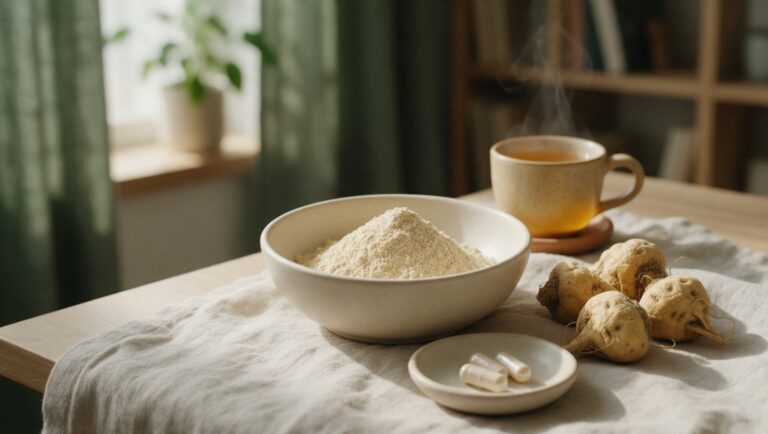 Maca root powder in a bowl beside whole dried maca roots, a dish of capsules and a warm drink