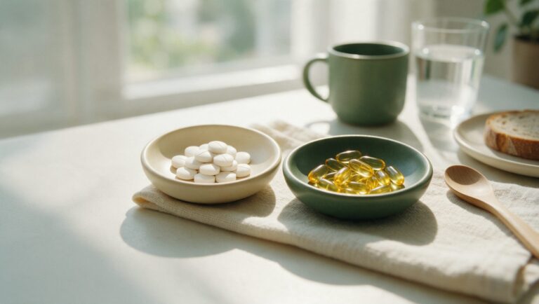 A small dish of white tablets and a small dish of golden softgels side by side on a sunny breakfast table
