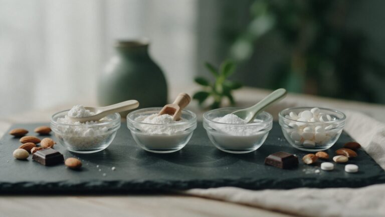 Four glass bowls of different mineral powders and tablets with almonds and dark chocolate