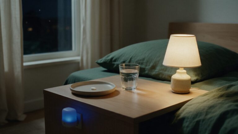 A tiny dish holding a single small white tablet on a nightstand beside a glass of water and a dimmed lamp, deep blue night light