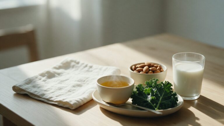 A glass of milk, a bowl of almonds, fresh kale and a cup of herbal tea on a light wooden table