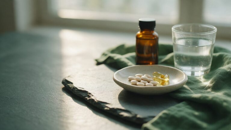 A dish of plain tablets and golden softgels beside an unlabeled amber bottle and a glass of water on slate