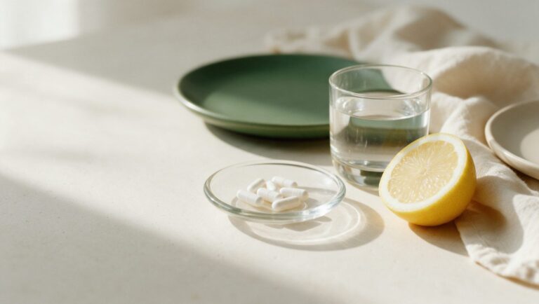 White capsules in a glass dish beside a glass of water and a halved lemon