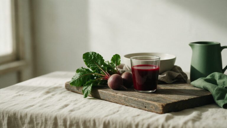 Glass of beetroot juice beside two fresh beetroots with leaves on a wooden board