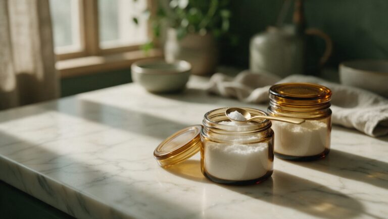 Two small amber glass jars of white powder, one open with a tiny spoon, on a cream marble surface with soft shadows