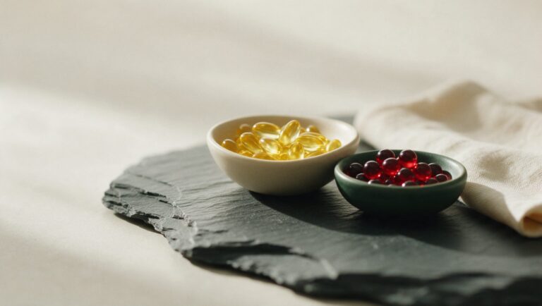 Golden softgels and smaller deep red softgels in two small dishes side by side on dark slate