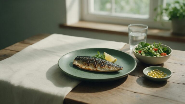 A plate of grilled mackerel with green salad beside a small dish of golden softgels and a glass of water