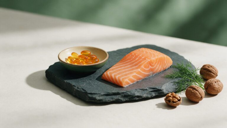 A dish of golden softgels beside a raw salmon fillet on a slate board, walnuts and a sprig of dill