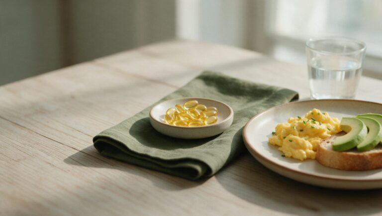 Golden omega-3 softgels in a small dish beside scrambled eggs, avocado toast and a glass of water