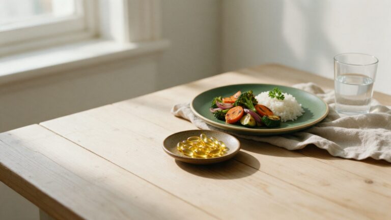 A small dish of golden fish oil softgels beside a plate of grilled vegetables and rice and a glass of water