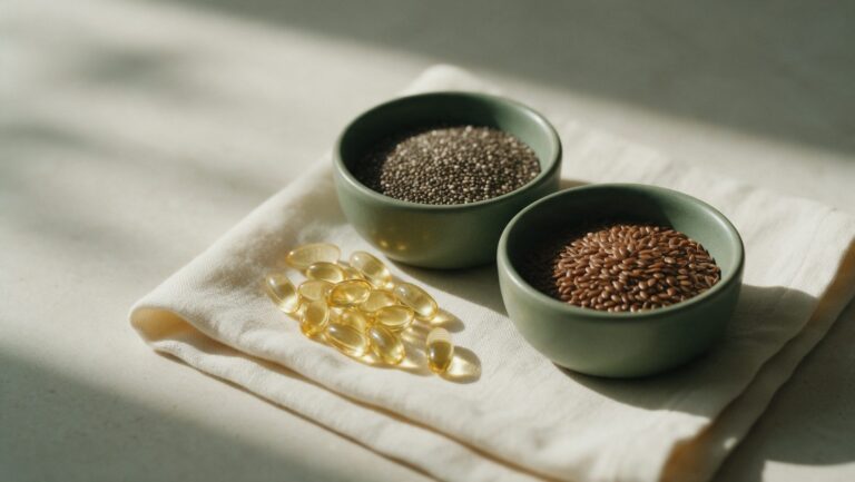 Golden softgel capsules on a linen napkin beside small bowls of chia seeds and flaxseeds